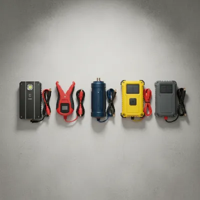 Five different budget jump starters arranged neatly on a grey background for comparison, highlighting their compact size and various features.
