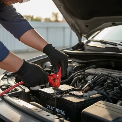 A person safely connecting a portable jump starter to a car battery under the hood, with an emphasis on correct clamp placement and safety gear.