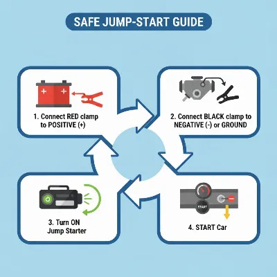A step-by-step infographic showing how to safely jump start a car battery using a portable jump starter, clear and instructional style.