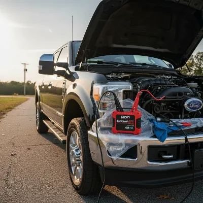 A powerful diesel truck getting a jump start from a portable lithium jump starter, focusing on the connection.