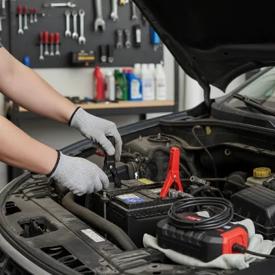 Person safely disconnecting jump starter clamps from a car battery after a successful start.