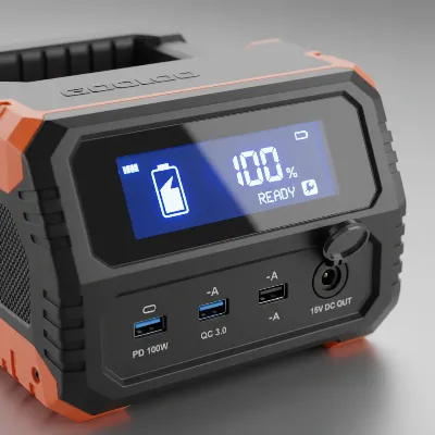 Close-up of the Gooloo GT4000's LED display and various charging ports, highlighting its versatile functionalities.