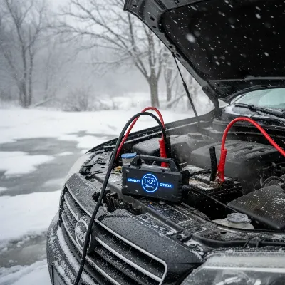 Gooloo GT4000 jump starter connected to a vehicle battery in a cold weather setting, demonstrating its powerful performance.