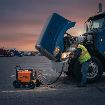 A large heavy-duty jump starter connected to a semi-truck battery in a dark, outdoor setting with a driver looking at the connections.