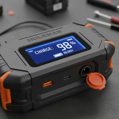 Close-up of the HULKMAN Alpha 85 Jump Starter's smart LED display showing battery level and various ports for multi-functionality