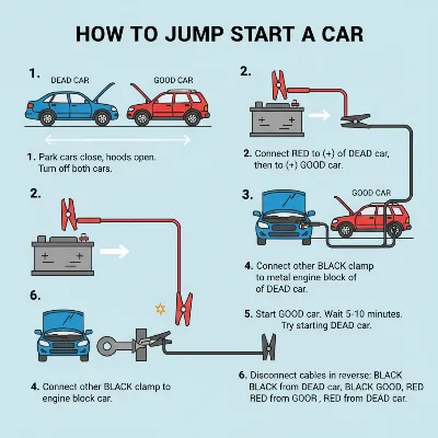 Visual guide for safely jump starting a car with jumper cables and a donor vehicle.