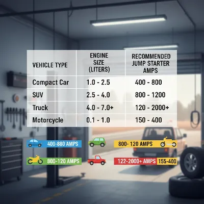 Infographic showing recommended jump starter amp ratings for various vehicle types and engine sizes.