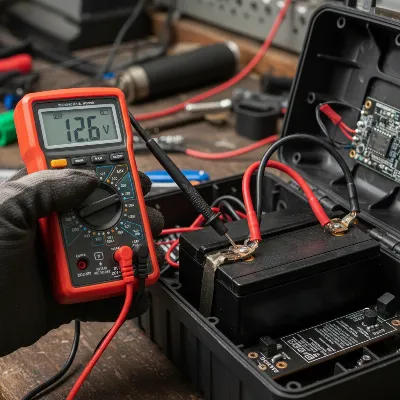 A hand holding a multimeter testing the voltage of a jump starter battery terminals.