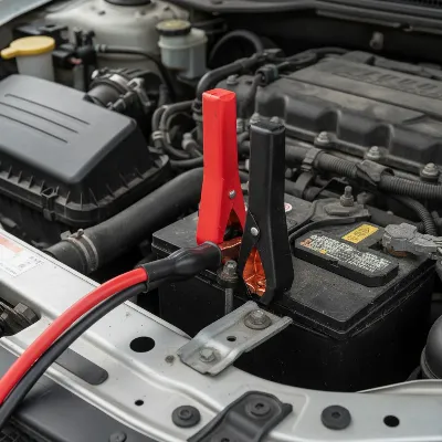 A close-up illustrating the safe connection of a jump starter to a car battery and chassis ground point.