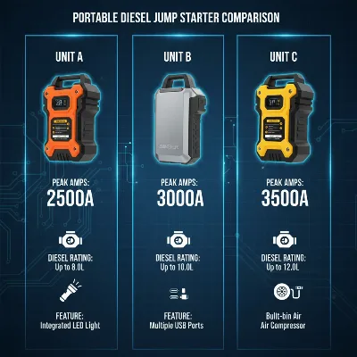 A side-by-side illustrative comparison of three different jump starter models, highlighting their key features and power ratings suitable for diesel trucks.