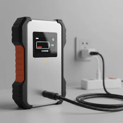 Portable jump starter with a low battery warning icon on its display, plugged into a charger.