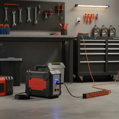A portable jump starter being properly charged in a garage setting, emphasizing preventive maintenance.