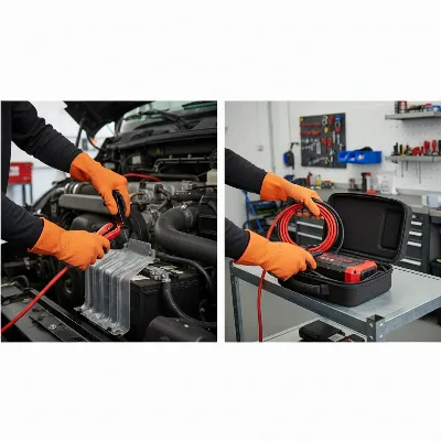 A person carefully disconnecting a jump starter from a truck battery, then storing it in a protective case in a garage.