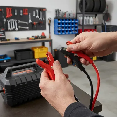 Person inspecting and maintaining a portable jump starter with care in a garage setting