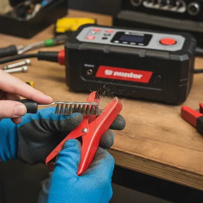 A person cleaning the clamps of a jump starter, emphasizing preventive maintenance.