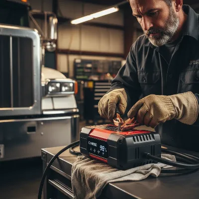 A truck driver performing maintenance on a heavy-duty jump starter, ensuring it is charged and ready for use, with a semi-truck in the background.