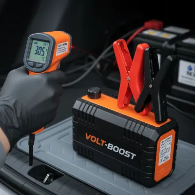 A hand checking the temperature of a lithium jump starter with a thermometer, emphasizing safe storage practices.