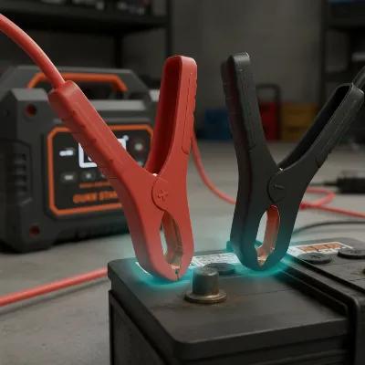 A close-up shot of a portable jump starter's clamps with clear labeling for positive and negative terminals, emphasizing safety features.