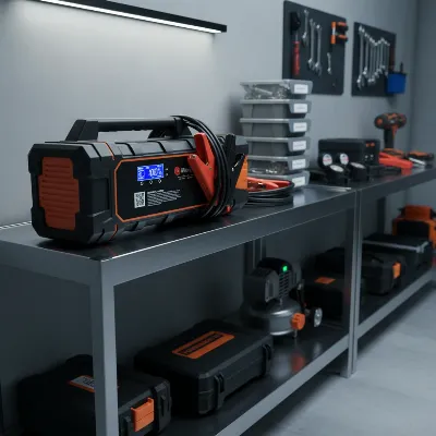 A jump starter stored safely in a cool, dry garage, away from direct sunlight and extreme temperatures, emphasizing proper maintenance.