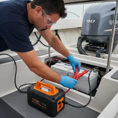 A person safely connecting a marine jump starter to a boat battery in an engine compartment with proper safety gear. 