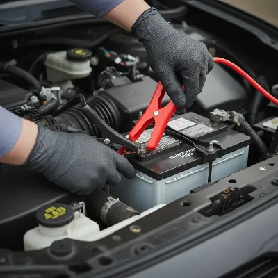 Hands demonstrating correct and safe usage of a jump starter on a car battery.