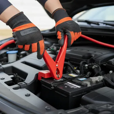 A person safely and correctly connecting a jump starter to a car battery, illustrating proper usage and safety precautions for vehicle starting.
