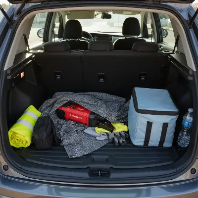 A red lithium jump starter inside a car's trunk, partially covered by a blanket, illustrating safe storage in a hot car.