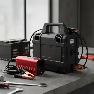 A side-by-side view of a compact lithium jump starter and a larger lead-acid jump starter.