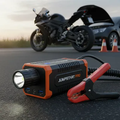 Compact motorcycle jump starter with LED flashlight, USB ports, and robust clamps highlighting safety features
