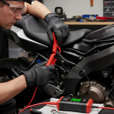 A person safely connecting a compact jump starter to a motorcycle battery, emphasizing proper clamp placement and safety gear