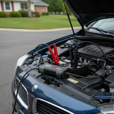 NOCO Boost Plus GB40 jump starting a car in an outdoor setting, clamps connected