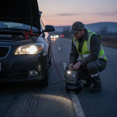 A person inflating a car tire at the roadside using a jump starter with an air compressor, dusk setting, practical scenario.